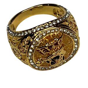 Mens Gold-Tone Crown Ring With Rhinestones & Lion Head Design Size 11 A36